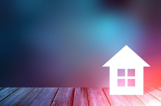 Little White House On Wooden Surface. Dark Blue Blur Background. Bad Weather. Bight Pink Glow Border. Concept Of Protection Of House From Cold. 