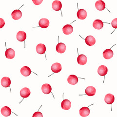 Fototapeta na wymiar Red watercolor berries on white background: juicy seamless pattern, tender textile print and wallpaper design.