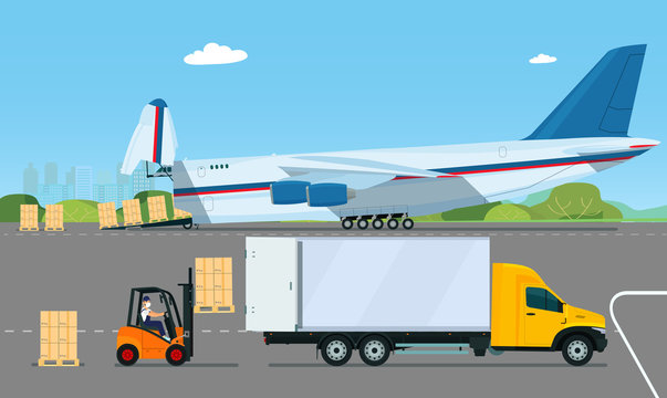 Loader with a driver in a medical mask loads a truck at the airport with cargo delivered by a transport plane. Vector flat style illustration.
