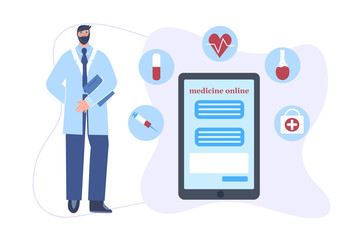Online doctor consultation by phone. Internet medicine. Vector illustration of a phone and a doctor.