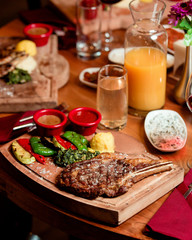 fried rib eye steak with vegetables