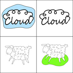 Collage of vector stilized pictures or icons of white happy sheep with green lawn and white cloud with blue sky on the white background