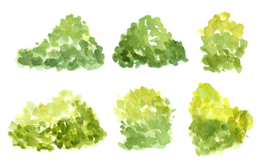 Watercolor set of bushes.  Hand drawn elements isolated on white background.