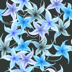 Tender blue flowers on dark-grey background: watercolor seamless pattern, wallpaper print, textile design.