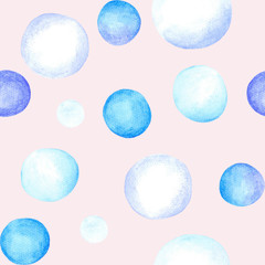 Tender blue bubbles on light-pink background: watercolor seamless pattern, wallpaper print, textile design.