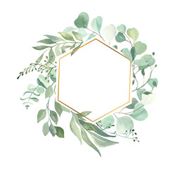 Fototapeta premium Watercolor hand painted leaves frame.Watercolor floral illustration with branches - for wedding invite, stationary, greetings, wallpapers, background.