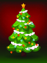 Decorated Christmas tree with, star, lights, decoration balls and lamps. Merry Christmas and a happy new year. Vector Illustration