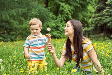 outdoor portrait of a mother with her child. Mom and son walking in a summer park on the grass with yellow dandelions.