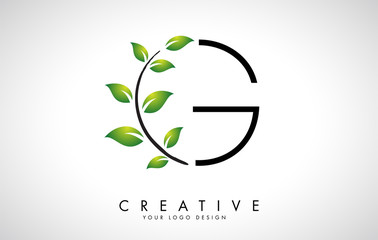 Leaf Letter G Logo Design with Green Leaves on a Branch. Letter G with nature concept.