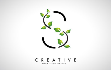 Obraz premium Leaf Letter S Logo Design with Green Leaves on a Branch. Letter S with nature concept.