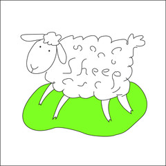 Vector stilized picture or icon of white happy sheep and green lawn on the white background
