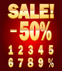 50 Percent sale Sign on red Background, Sale Up to 50 Percent Off, Sale Symbol, Vector format and 0 to 9 3D Numbers in Gold colours