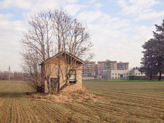 peasant house in a cultivated field on the edge of a town