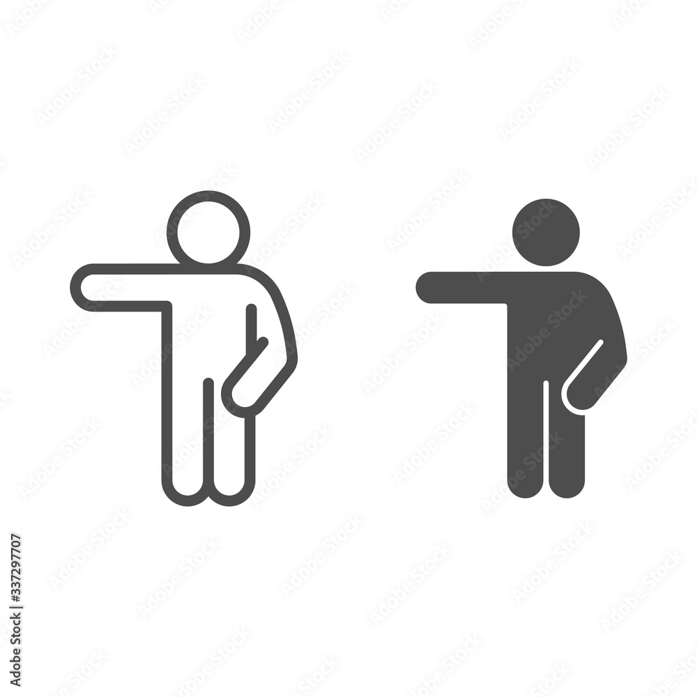 Poster man point to the left line and solid icon. man with one arm down and hand pointing to left outline s