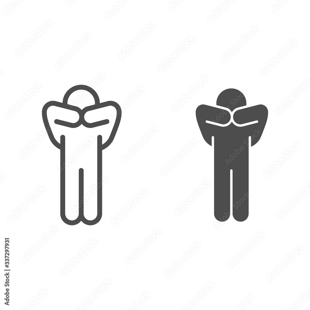Poster man pose with hands on face line and solid icon. person thinking with both hand on his head outline 