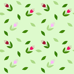 Seamless spring vector pattern with the image of stylized flowers of tulips and individual leaves on a light green background in a flat style. This is great for scrapbooking or notebook covers.
