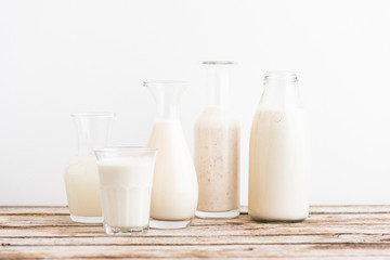 Selection of vegan plant based milks, Rice, Oat, Almond, Cashew
