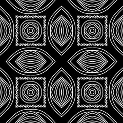 Geometric vector seamless pattern. Ornamental black and white background. Modern repeat ornate geometrical backdrop. Grunge textured square frames. Abstract flowers, shapes, lines. Symmetrical design