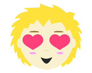 Baby face light-skinned boy with big eyes - hearts and dishevelled yellow hair .  Funny baby's head isolated on white background. Valentines day element, vector stock illustration.