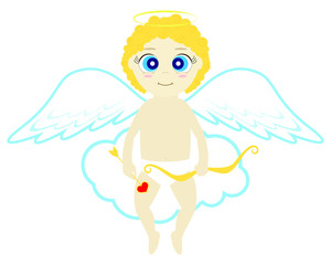 Cupid with bow and arrow sitting on cloud isolated on white background. Vector stock illustration