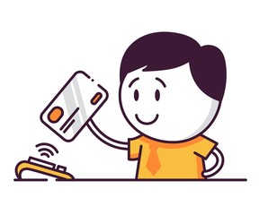 Cute male character paying with NFC contactless credit card in POS-terminal. Fast and safe payment for purchases in shop. Innovative technologies in banking and everyday life.