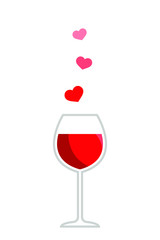Fototapeta na wymiar A glass of red wine and hearts rise up, isolated on a white background. Valentine's day drinks, vector stock illustration