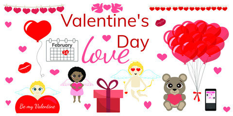 Big set for valentine day with more design elements isolted on white background, vector