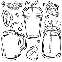 Detox day. Smoothies, fresh. Hand drawing. For your design.