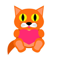ginger cat with big yellow eyes holds pink heart isolated on white background. cat toy. Vector stock illustration. 