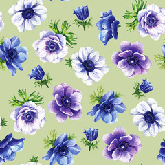 Blue, white, lilac anemones on a white background. beautiful pattern