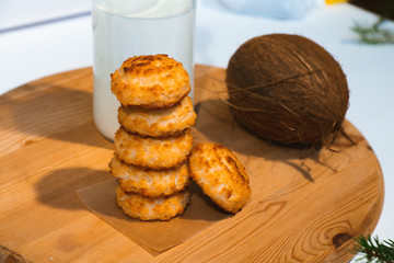 Confectionery - still life. Cookies, bakery products, tangerines, eggs. Cooking dessert and sweets. Sugar and cafe. Coffee or tea to buns. Still life with food