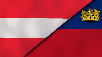 The flags of Austria and Liechtenstein. News, reportage, business background. 3d illustration
