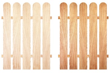 New wooden fence with rounded ends on isolated white background set.
