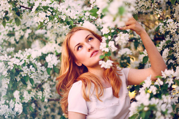 Fototapeta premium Model with red hair posing in a blooming apple tree.