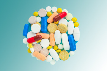 pills, different pills and drugs to treat and increase immunity, medical preparations. background top view. copy space for text