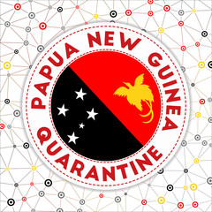 Quarantine in Papua New Guinea sign. Round badge with flag of Papua New Guinea. Country lockdown emblem with title and virus signs. Vector illustration.