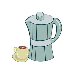 Old-fashioned Moka pot for brewing coffee with a small cup of fresh espresso.