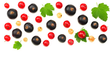 mix of red currant and black currant with green leaf isolated on a white background. healthy food. top view