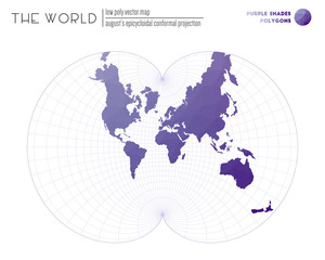 World map with vibrant triangles. August's epicycloidal conformal projection of the world. Purple Shades colored polygons. Trending vector illustration.