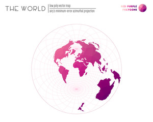 World map in polygonal style. Airy's minimum-error azimuthal projection of the world. Purple-colored polygons. Contemporary vector illustration.