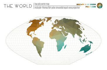 Abstract geometric world map. McBryde-Thomas flat-polar sinusoidal equal-area projection of the world. Brown Blue Green colored polygons. Stylish vector illustration.