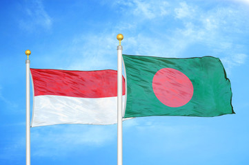 Indonesia and Bangladesh two flags on flagpoles and blue cloudy sky