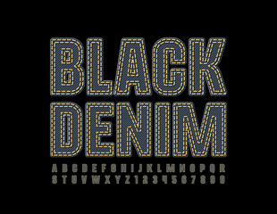 Vector trendy Black Denim Font. Stylish Jeans Alphabet Letters and Numbers