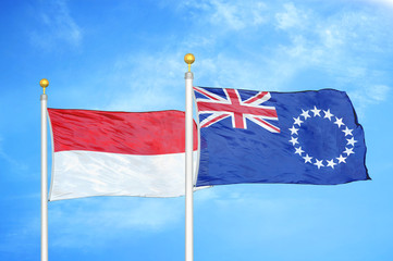 Indonesia and Cook Islands two flags on flagpoles and blue cloudy sky