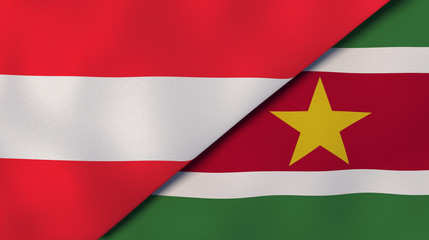 Obraz premium The flags of Austria and Suriname. News, reportage, business background. 3d illustration