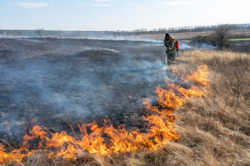 firefighters extinguish the flames of burning grass