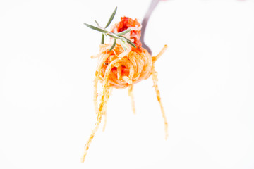 Spaghetti bolognese sprinkled with cheese and decorated with a rosemary twig on a fork on a white background