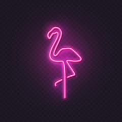 Neon flamingo lamp wall sign isolated on transparent background. Vector pink power glowing bulb banner, light line border or frame. - obrazy, fototapety, plakaty
