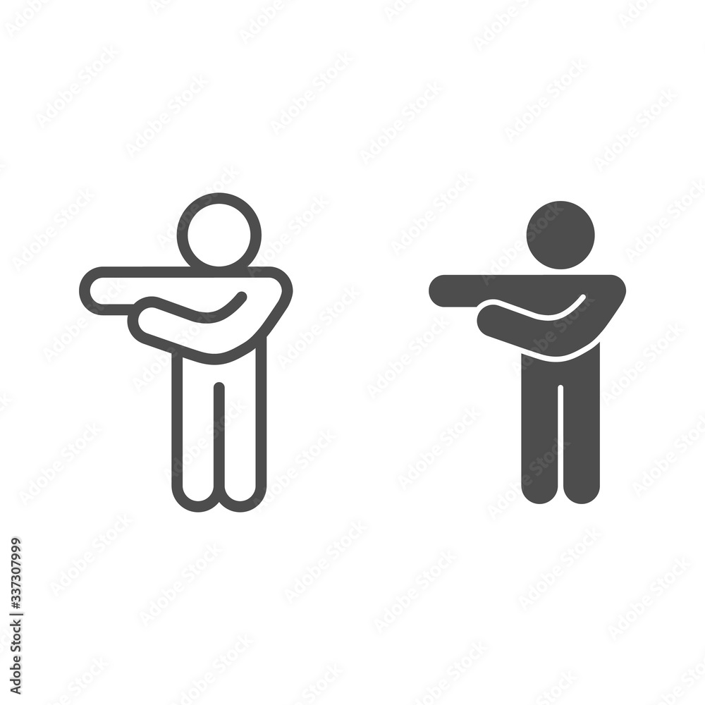 Poster man pointing with arms to left line and solid icon. man with two arms left outline style pictogram o