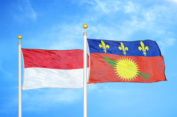 Indonesia and Guadeloupe two flags on flagpoles and blue cloudy sky